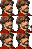 the image shows a grid of six closeup portraits of the same male character.  the character is illustrated in a pixel art style, with a detailed beard and mustache, wearing a brown cap and red shirt. each portrait features a slightly different facial expression, ranging from neutral to slightly smiling, with one showing him smoking a pipe.  the overall style is reminiscent of older video game character sprites or animation stills.