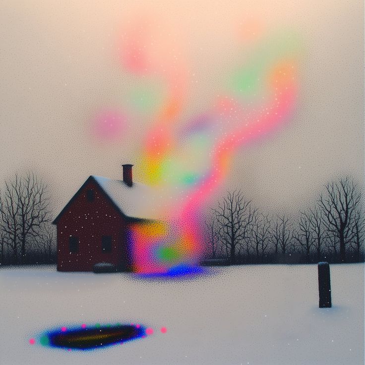 a house sits in a snowy winter landscape with bare trees, a rainbow colored aurora appears in the sky above the house. there's a dark hole in the snow in the front.