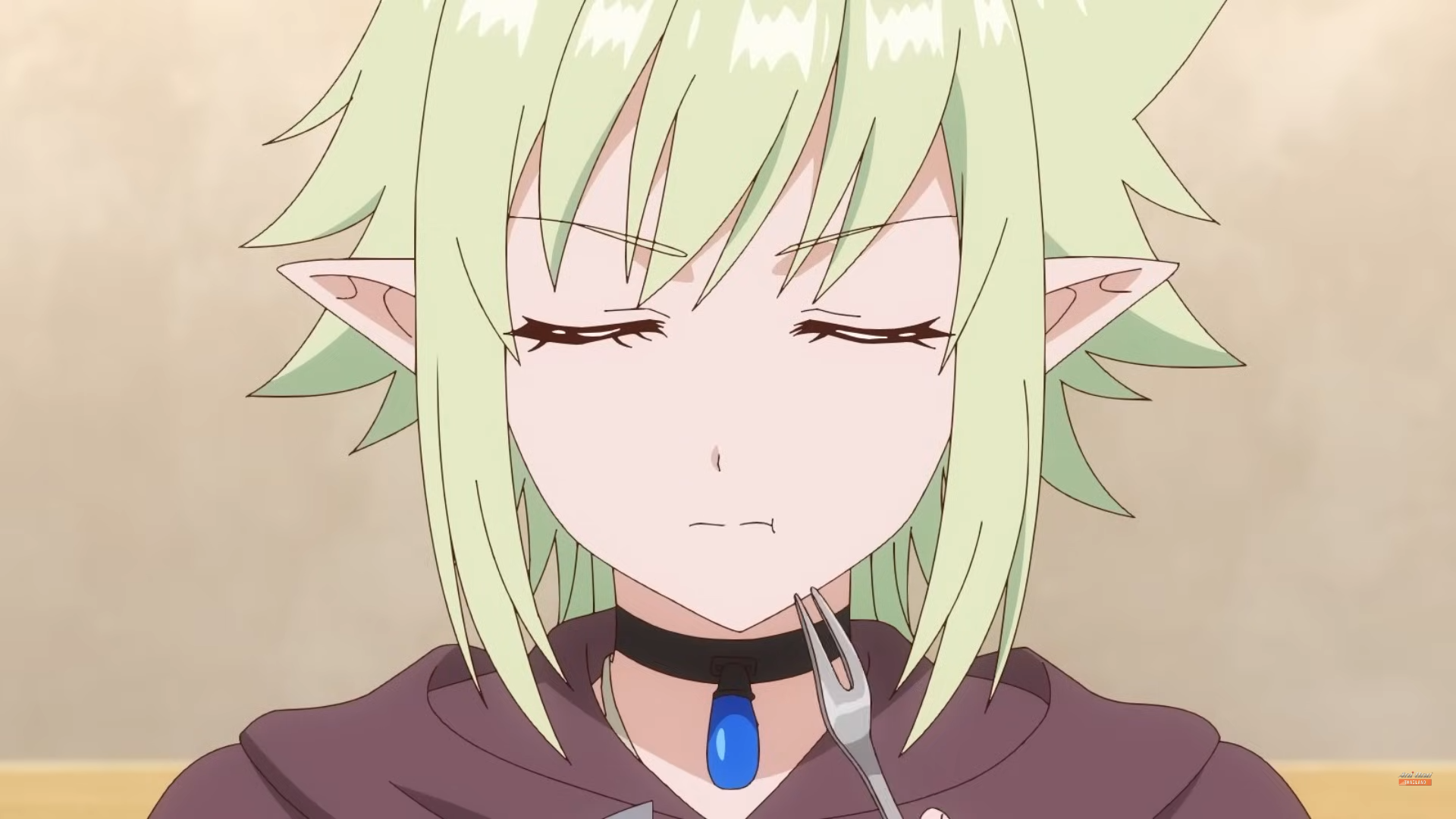 a closeup illustration of an anime girl with light green hair, pointy ears, and a blue gemstone necklace. she has her eyes closed and is holding a fork in her mouth.