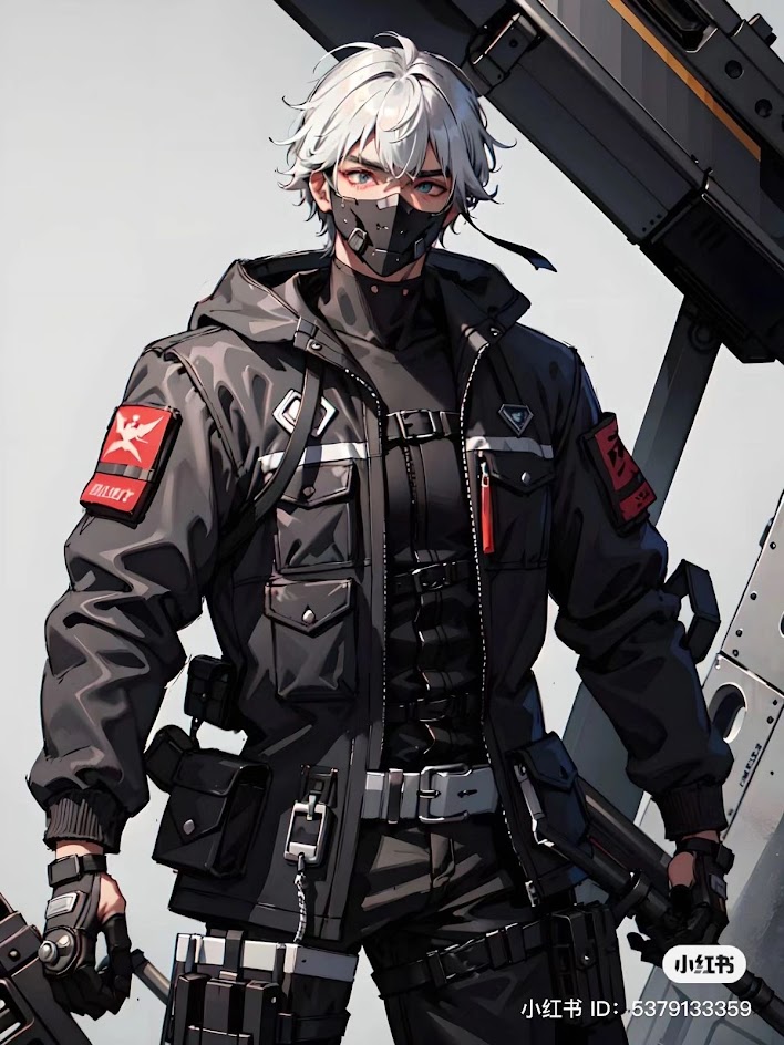 the image is an illustration of an anime male character wearing a black jacket and mask. he has white hair and blue eyes. he is holding a gun and appears to be in a futuristic setting. the character is standing with his back to the camera, looking towards the left. the image is in a style that is similar to other anime illustrations.
