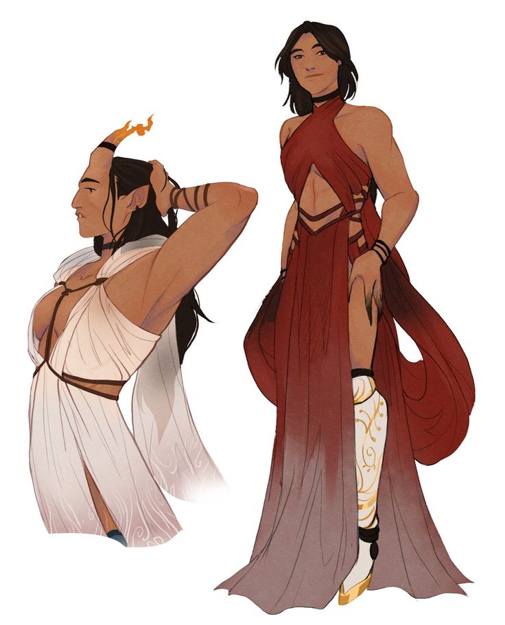 an illustration of two fantasy characters. the character on the left is a woman with a white dress, with a golden horn on her head that has a flame at the top. she is wearing a white dress and has her hair pulled back off of her face. the character on the right is a woman in a long red dress, with gold jewelry on her wrists and gold boots. she has long dark hair that she has let down, and is standing with her arms to her side. the background is a white background.