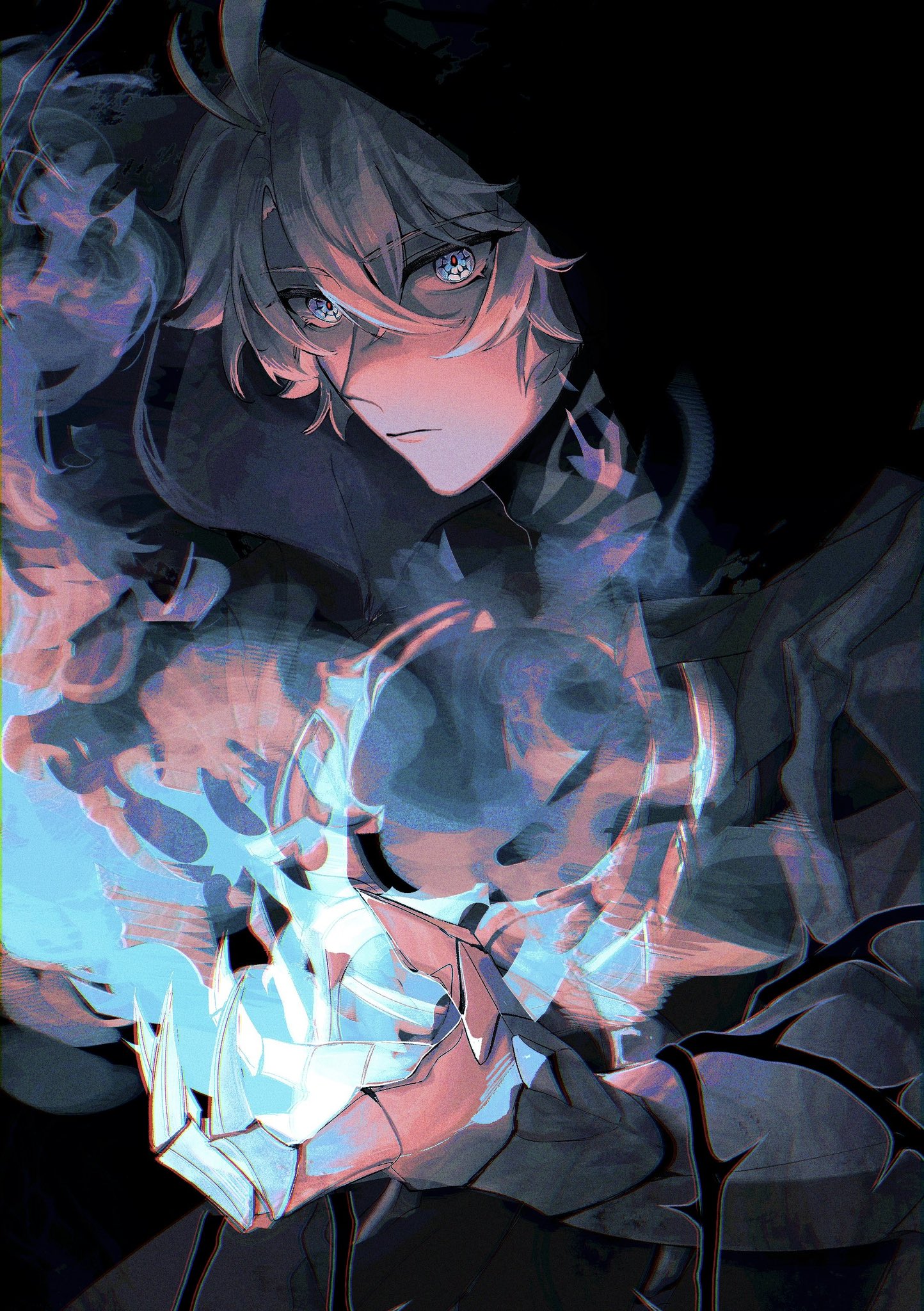 an animestyled man with silver hair and striking blue eyes is holding a glowing, mystical energy in his hands. the scene is set against a dark background, and the man is wearing a hoodie, creating a mysterious and magical atmosphere.