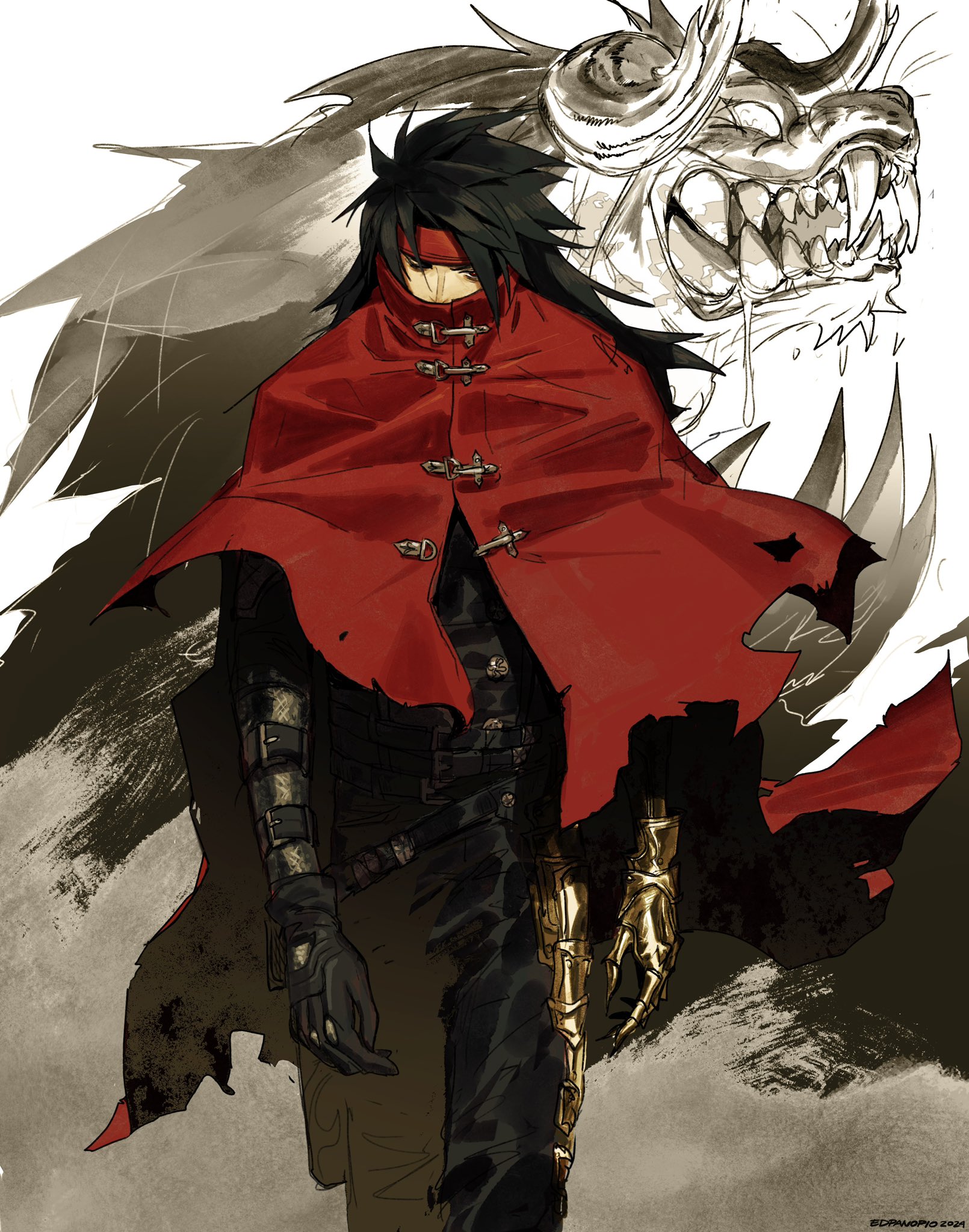 the image is a stylized piece of fanart depicting sephiroth, the iconic antagonist from final fantasy vii.  he's rendered in a dark and dramatic style, with a red cloak billowing around him. his face is partially obscured by a dark band across his eyes, adding to his mysterious and intimidating aura. a large, monstrous creature is faintly visible in the background, partially obscuring sephiroth's figure and suggesting a connection or power dynamic between the two. the artwork features detailed clothing, including dark, almost armorlike elements on his arms and gold clawlike attachments to his gauntlets. the overall mood is dark, intense, and suggestive of the character's complex nature and formidable power.  the style is reminiscent of manga or anime, incorporating painterly brush strokes and shading for dramatic effect.
