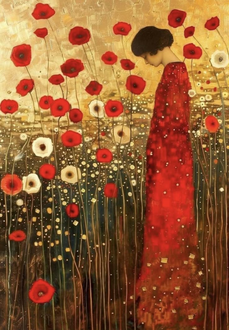 a painting featuring a woman in a long, flowing red dress standing in a field of red and white poppies. the background is gold and abstract, with small white and gold dots scattered throughout. the woman has dark hair and is looking down, giving the painting a melancholic and thoughtful mood. the style is artistic and figurative.