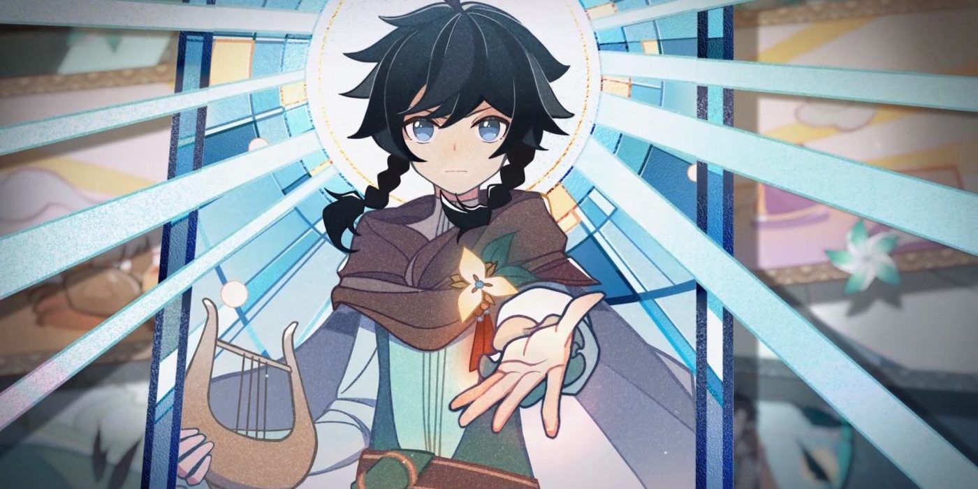 an anime girl with blue eyes and long blue hair, she's wearing a blue and white dress, holding a flower in her left hand and her right hand is out to the side with an open palm. she's in a light blue and white background.