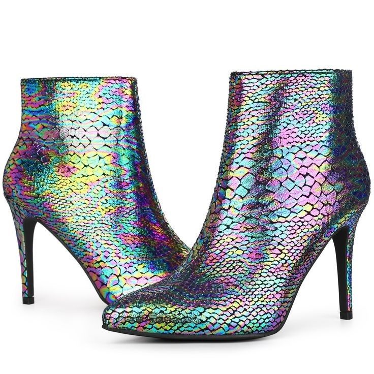 two iridescent, snakeskinpatterned ankle boots with high heels are positioned sidebyside on a white background. the boots have a pointy toe and a stiletto heel.