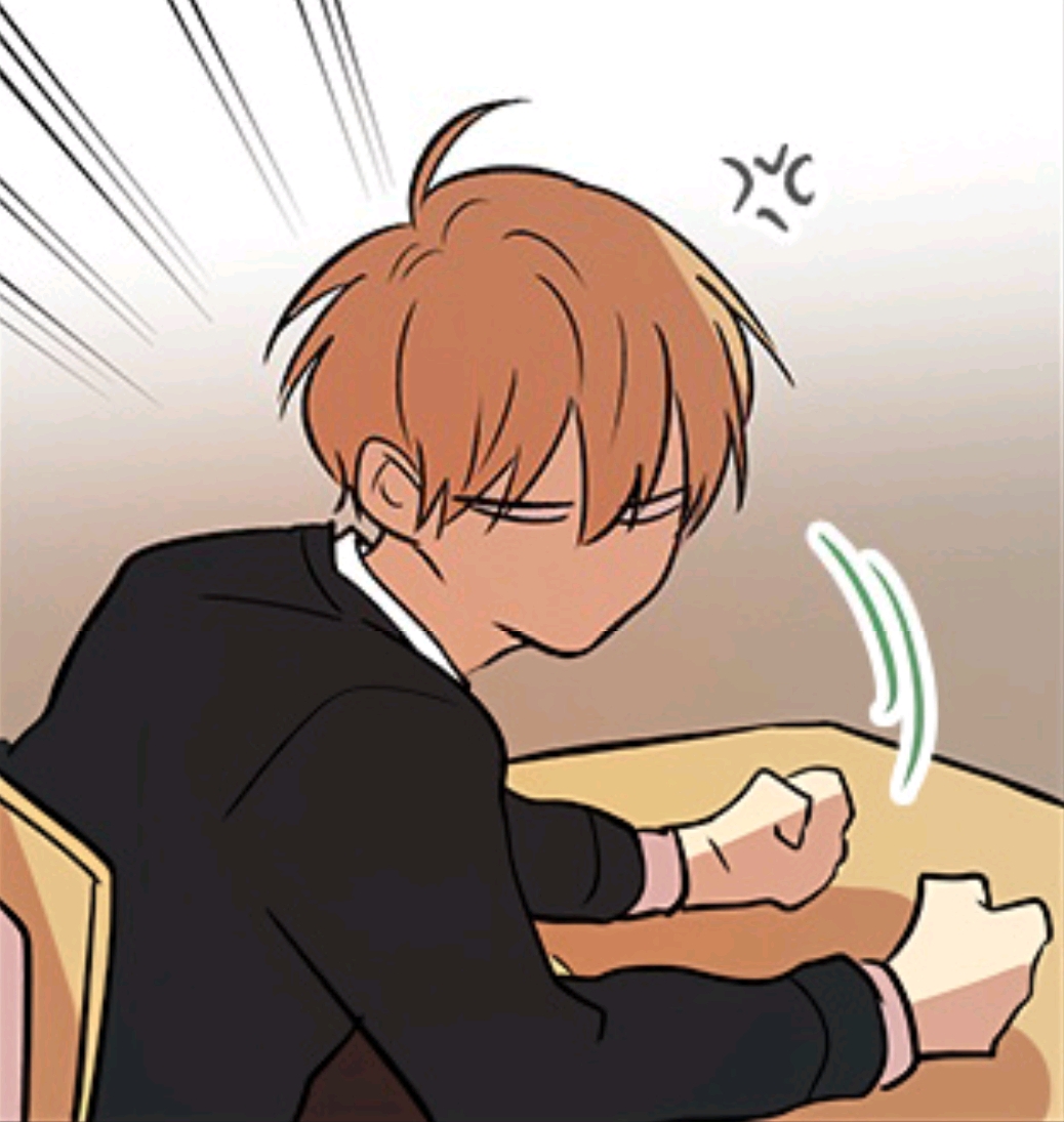 the image shows a cartoon drawing of an anime boy in a suit, looking angry and frustrated. he is sitting at a desk with clenched fists. there are speed lines behind him, and an angry expression icon above his head.