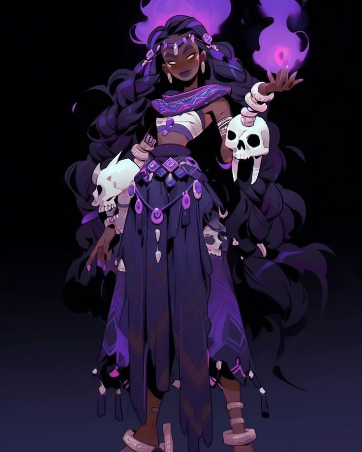 an illustration of a darkskinned woman with flowing black hair, adorned with skulls and purple magic. she wears a unique outfit consisting of a white top, a purple skirt with geometric patterns, and various accessories like headbands, armbands, and leg wraps. she holds a skull in one hand and a ball of purple fire in the other. the background is a gradient of dark blue and black.
