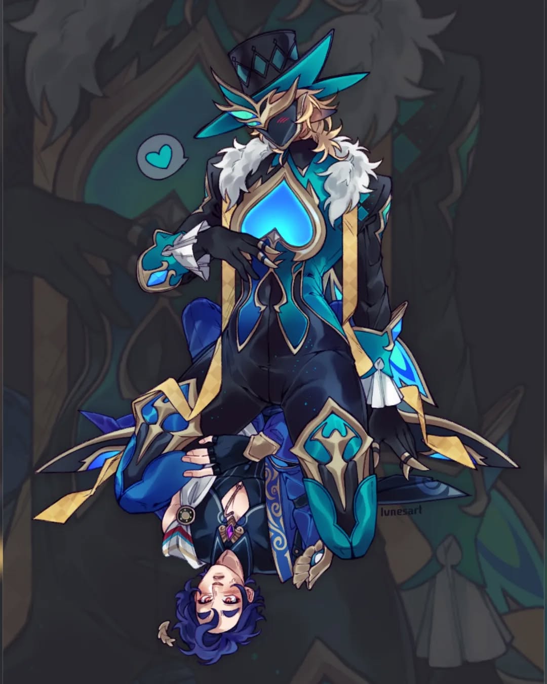 the image is a vibrant piece of digital fanart, likely depicting characters from a game like genshin impact, due to the style. it features two male characters, dressed in elaborate, elegant blue and gold outfits with a strong spades/card motif. one character is standing, wearing a top hat and mask, appearing playful with a small heart bubble near him. the other character is lying upside down, draped over the standing character. their poses and expressions suggest a close, potentially romantic, relationship.  the artist's signature "junesart" is visible. the overall style is animeinspired, with dynamic poses and rich colors. the background features stylized decorative elements, enhancing the fantasy aesthetic.