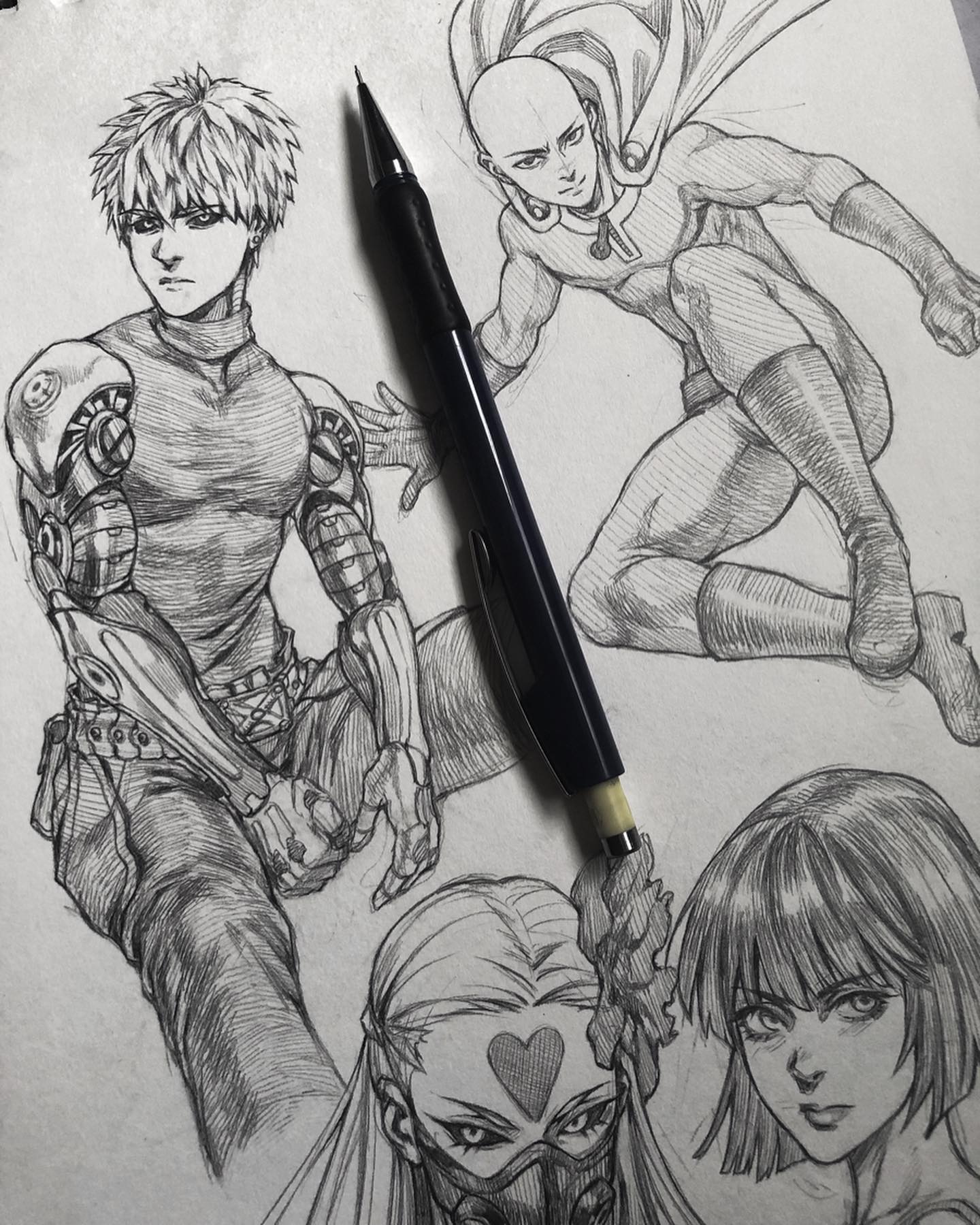 the image showcases a collection of impressive pencil sketches featuring characters from the popular anime and manga series "one punch man." the drawings depict saitama, the titular one punch man, known for his deceptively ordinary appearance and unmatched strength; genos, his loyal cyborg disciple; tatsumaki, the formidable esper known as the "tornado of terror"; and fubuki, tatsumaki's younger sister and leader of the bclass hero group, the "blizzard group." the artist has skillfully captured the distinctive features and expressions of each character, using shading and line work to create a sense of depth and dimension. the inclusion of a pencil in the image further emphasizes the artistic process and the medium used to bring these beloved characters to life.