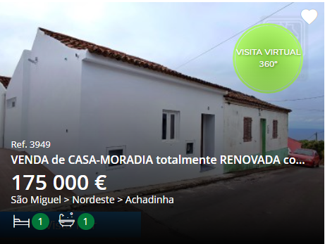 a white house with a brown roof is for sale. it's listed for 175,000 euros. the front of the house has a front door and windows.  the house is located on a street.  the front yard has some greenery in front of the house.  a small sign says "virtual visit 360°" in the upper righthand corner of the photo.