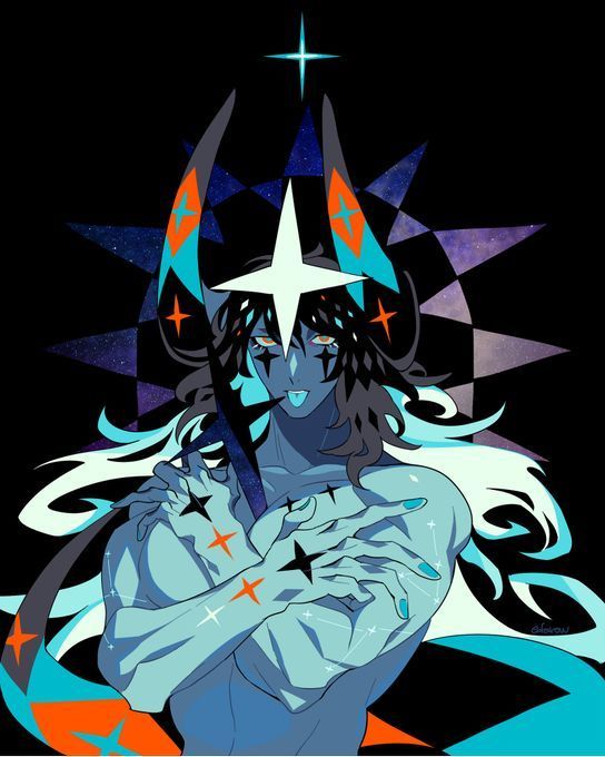 the image showcases a striking digital illustration of a stylized anime/manga male character. he is depicted with long, flowing, lightcolored hair and possesses a muscular physique.  his skin has a teal or turquoise hue, and his body is adorned with starlike markings and constellations. he wears a headpiece with large, pointed horns that seem to emanate from a cosmic or celestial background.  the overall aesthetic is dark and dramatic, with a powerful and otherworldly presence.  the colors are vibrant and contrasting, featuring turquoise, orange, and black against a backdrop suggestive of a nebula or starry sky. the style is highly stylized and graphic, with sharp lines and abstract elements that enhance the character's otherworldly quality.