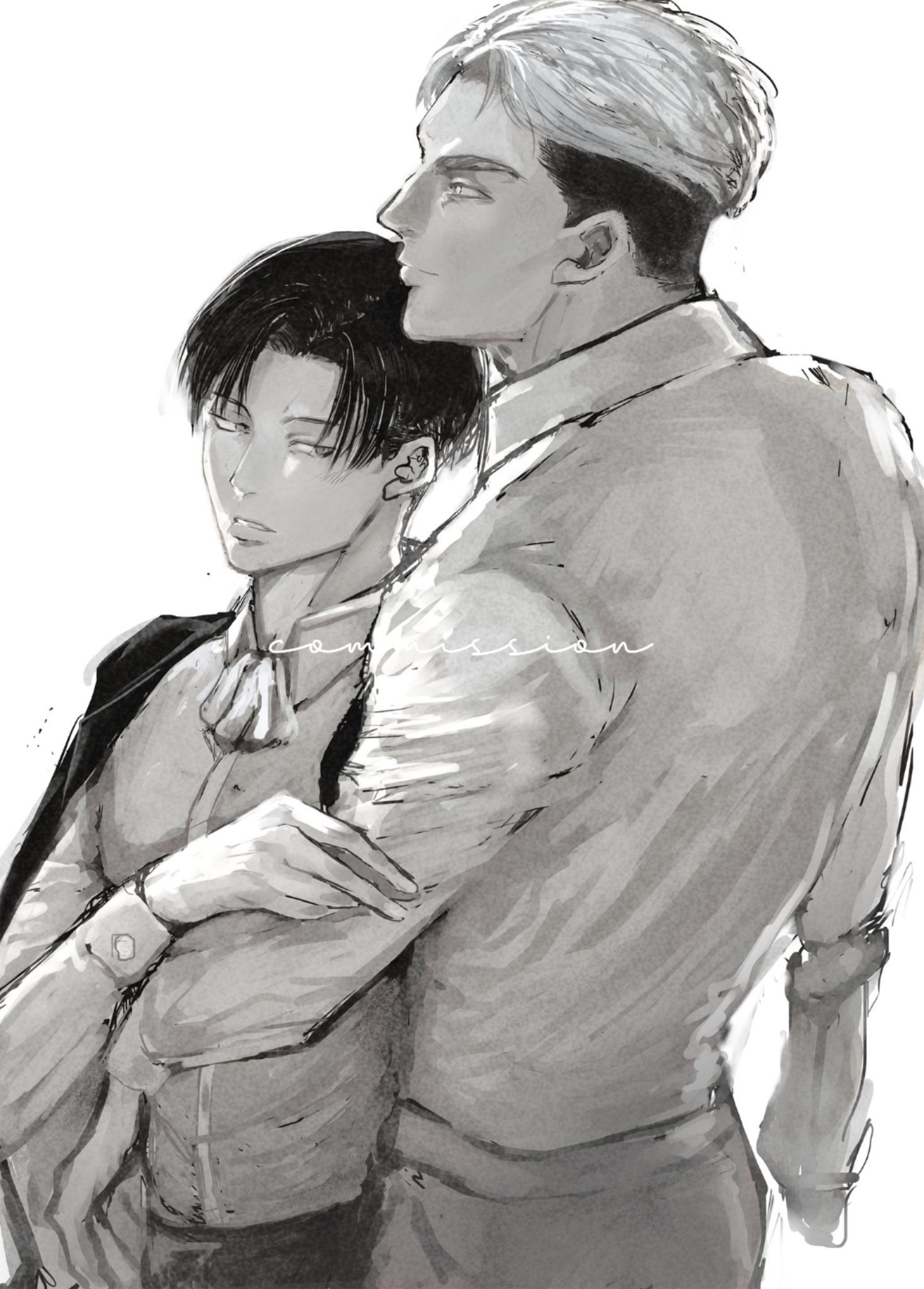 a black and white drawing of two anime men hugging closely. the man on the left has dark hair and is looking down with a soft smile. the man on the right has short, white hair and is looking forward with a calm expression. they are both wearing formal attire, and their hands are intertwined around each other's shoulders. the drawing is done in a sketchy style and has a romantic and intimate feel.