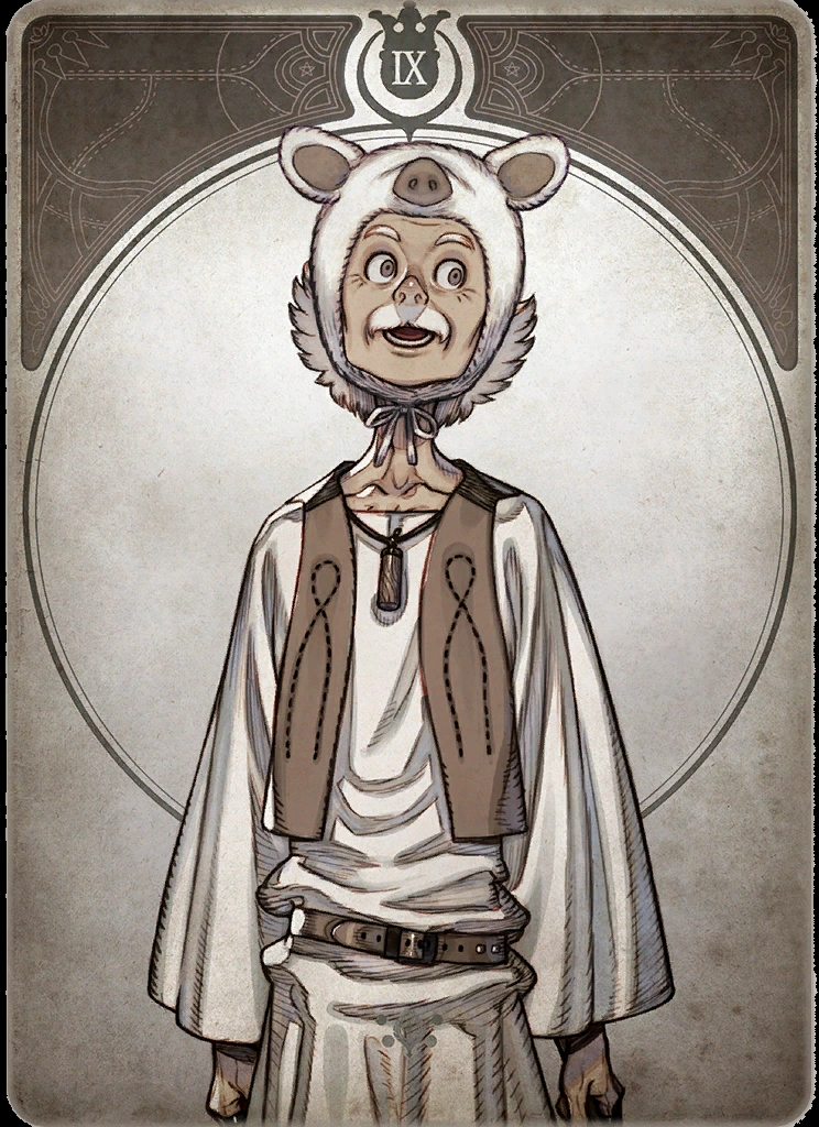 the image depicts an illustration of an older man with a whimsical pig hat on his head.  he is wearing a simple white tunic with a brown vest, a belt, and what appears to be a small amulet. he stands against a circular backdrop within a larger rectangular frame reminiscent of a playing card, complete with a roman numeral "ix" at the top. the overall style of the illustration is reminiscent of vintage tarot cards or storybook illustrations.