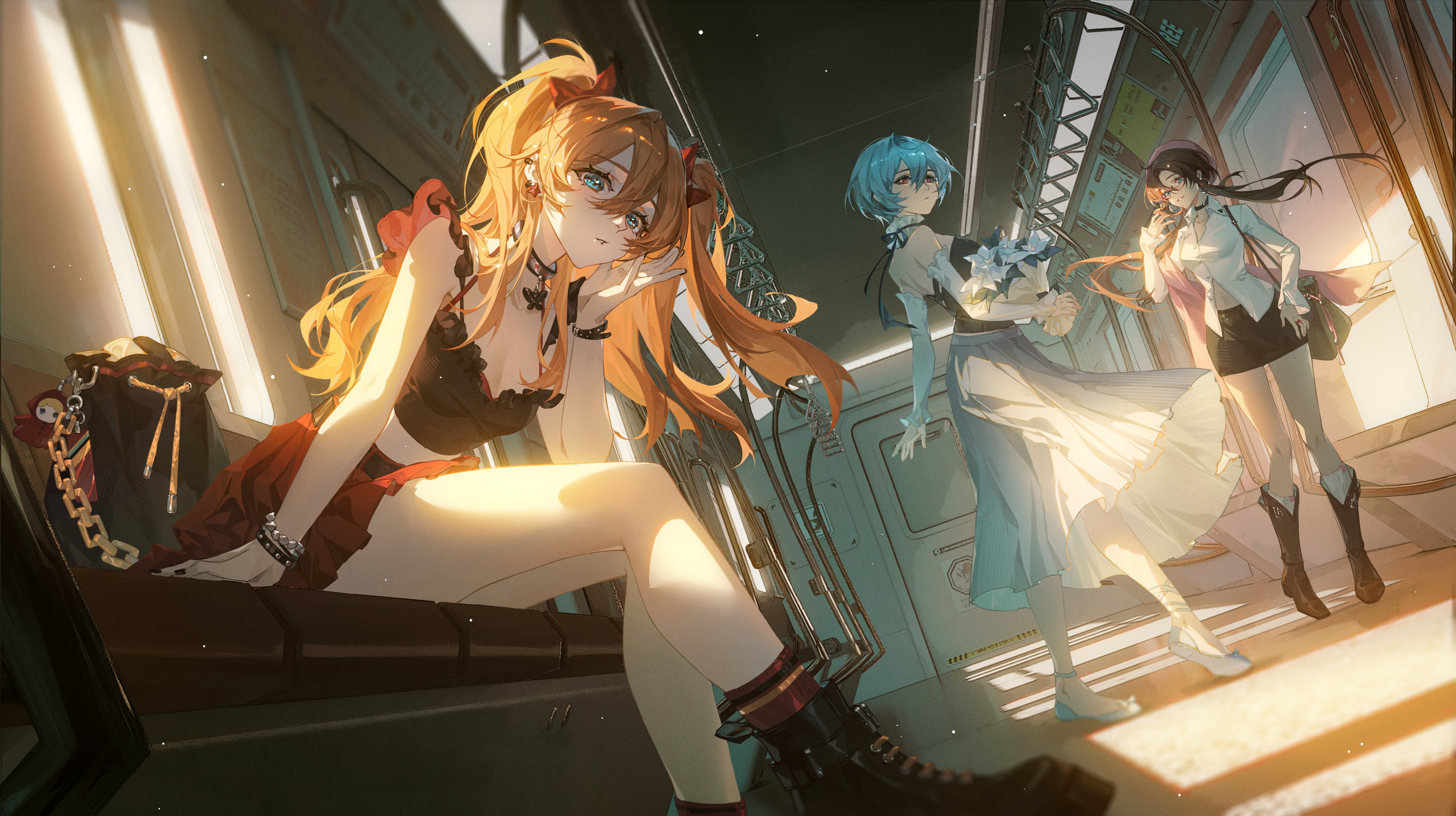 he image is a digital illustration depicting three animestyle girls in a subway train setting. the main focus is on a girl with long orange hair, dressed in a dark top and red skirt, sitting on a bench and looking at the viewer.  she has a stylish bag with a chain hanging beside her.  another girl with short blue hair is standing behind her, elegantly dressed in a light blue and white dress. a third girl with dark hair and glasses is standing further back, dressed in a white shirt and black skirt. the setting is detailed, with the interior of the train visible and a sense of dynamic lighting, creating a vibrant and engaging scene. the overall style is fantasyoriented, with emphasis on the characters' design and expression. the perspective is lowangle, making the characters appear larger than life.