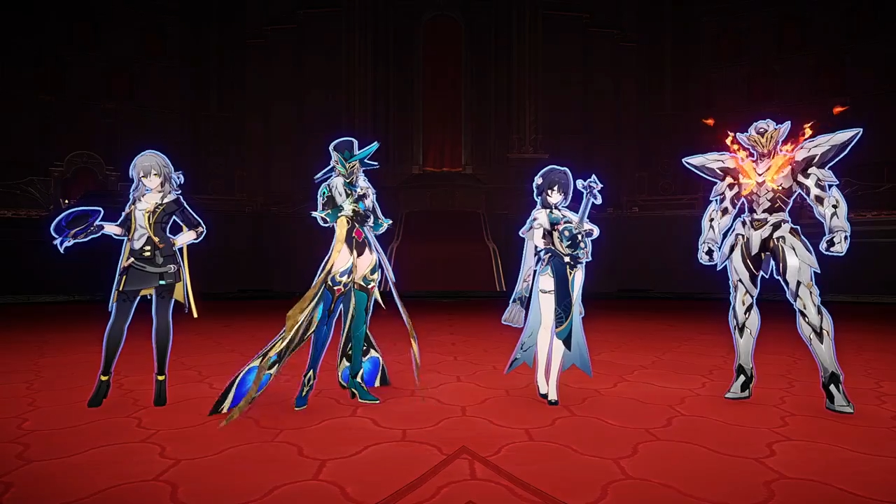 the image shows four characters from a video game, standing on a red floor. the characters are all animestyle, and they are posing in a variety of ways. on the left side, there is a female character in black and yellow attire, holding a black hat in her hand. in the center, there are two female characters with long hair, the one on the left in a green and blue outfit, holding a sword, and the one on the right, in a light blue and white outfit, holding a sword as well. on the right side, there is a white robot, standing in a battle stance. the characters are all in front of a dark background.