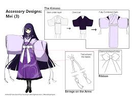 the image is a fashion design illustration of a female anime character wearing a purple kimono with white accents. the illustration includes detailed diagrams and instructions for assembling and styling the kimono, including the placement of the obi (belt) and the different ways to tie it. the illustration also features closeup views of specific design elements, such as the sleeves and the obi knot. the overall style of the illustration is clean and precise, with a focus on conveying information about the garment's construction and design.