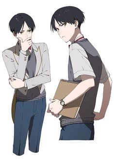 this is a character illustration featuring a young man with short black hair and dark eyes. he is depicted twice in the same image, offering two slightly different poses. in both, he is wearing a stylized school uniform with a white shirt, dark vest, and a white jacket with dark trim. one pose shows him holding a book close to his chest, a contemplative look on his face. the other pose shows him with his hand on his chin, as if deep in thought.  the style of the drawing is clean and polished with a focus on character design.