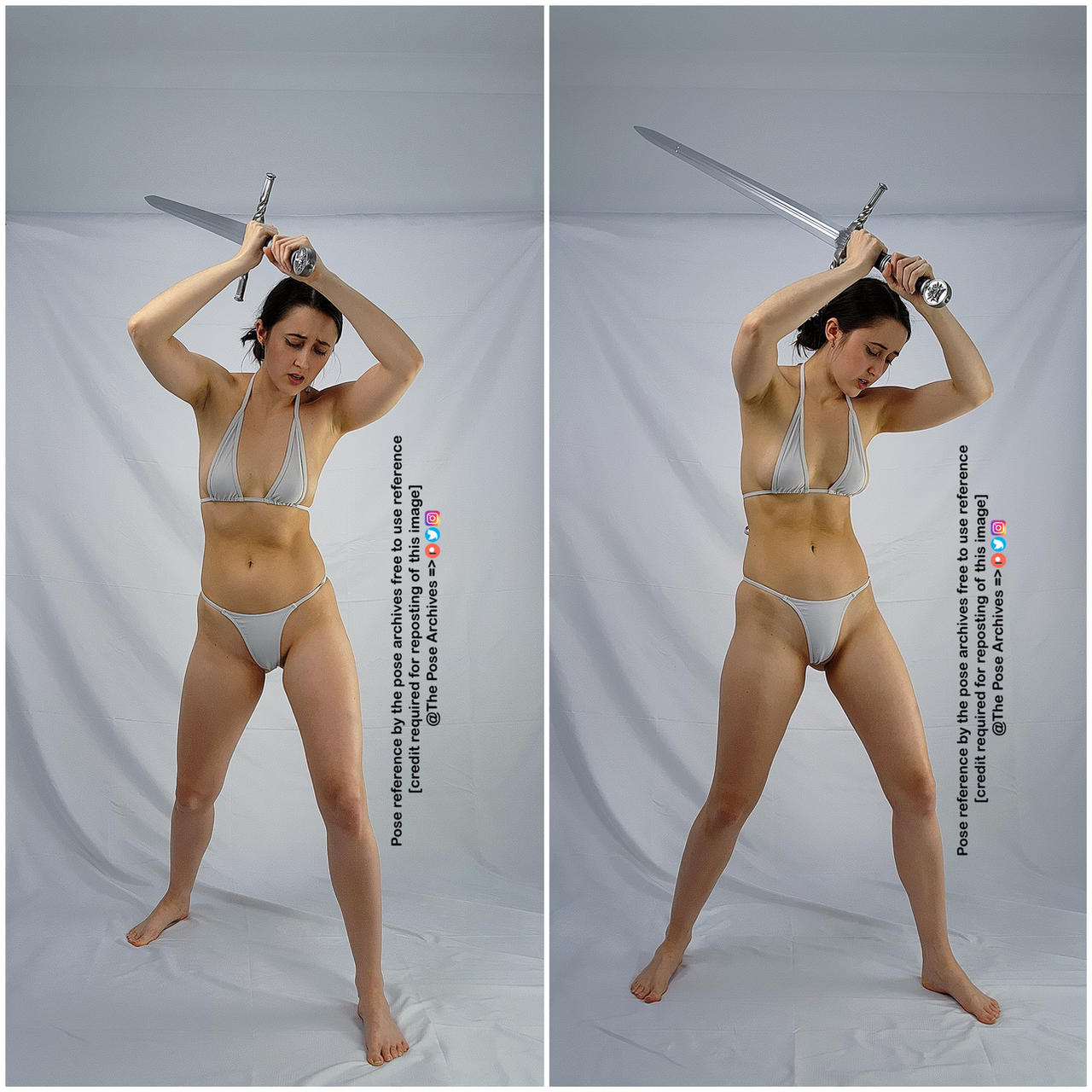 a woman in a white bikini is posing in two different stances with a sword held above her head in both images, as if she's about to strike. the setting appears to be indoors with a white backdrop and soft lighting.