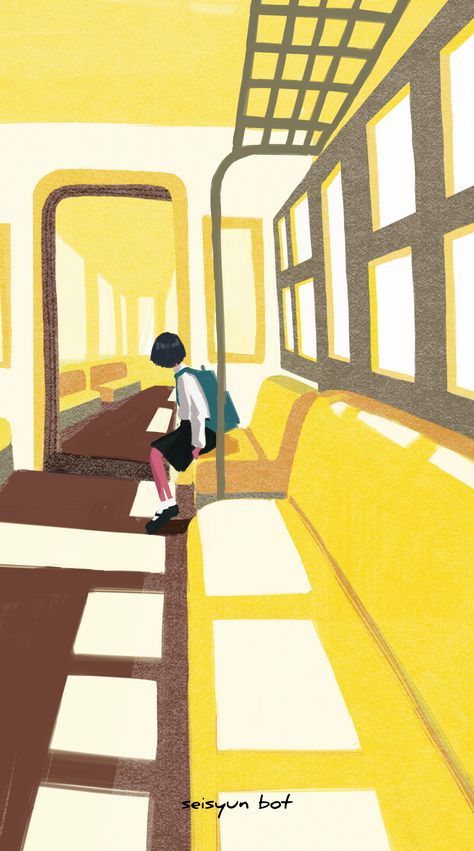 a cartoon illustration of a school girl sitting on a yellow bench in a train. the girl is facing to the left and looking at the floor. the train is yellow, and the seats are yellow as well. the windows are a dark brown color and there is a door at the end of the train.  the image is drawn in a simple cartoon style.