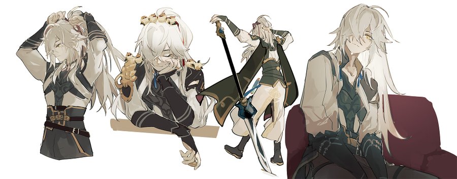 the image depicts a group of three anime male characters. the character on the left has white hair with blue eyes, is wearing dark armor and a golden belt with a dark skirt and has a stern face. he has his left hand on his hip and his right hand holding his white hair. the character in the middle has white hair with blue eyes and is wearing a dark vest with a white undershirt and black fingerless gloves.  he is holding two small white birds on his left hand and is sitting with his chin on his right hand, looking forward with a content look on his face. the character on the right has white hair with gold eyes, is wearing a white shirt with a black vest, black fingerless gloves and black pants. he is smiling and sitting with his left hand on his hip and his right hand holding his long hair, looking towards his right side. they all appear to be friends and are enjoying each other's company. the background is a simple white and clean background. the character on the left and right are in a dynamic pose, with their bodies in motion. the character in the middle is in a more relaxed pose. the image is a colorful and dynamic illustration that captures the fun and energy of these characters.