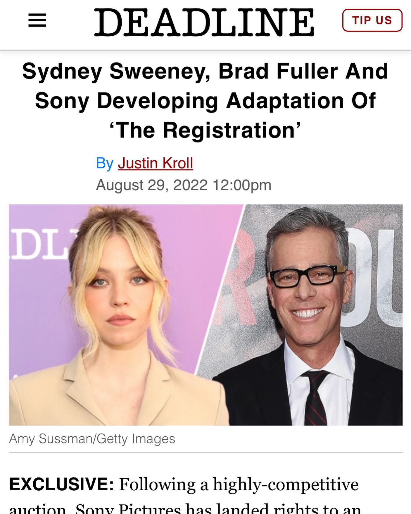 this image is a news article from deadline. it announces that sydney sweeney, brad fuller, and sony are developing an adaptation of 'the registration'. the article is written by justin kroll and was published on august 29, 2022, at 12:00 pm. the image also contains pictures of sydney sweeney and brad fuller.