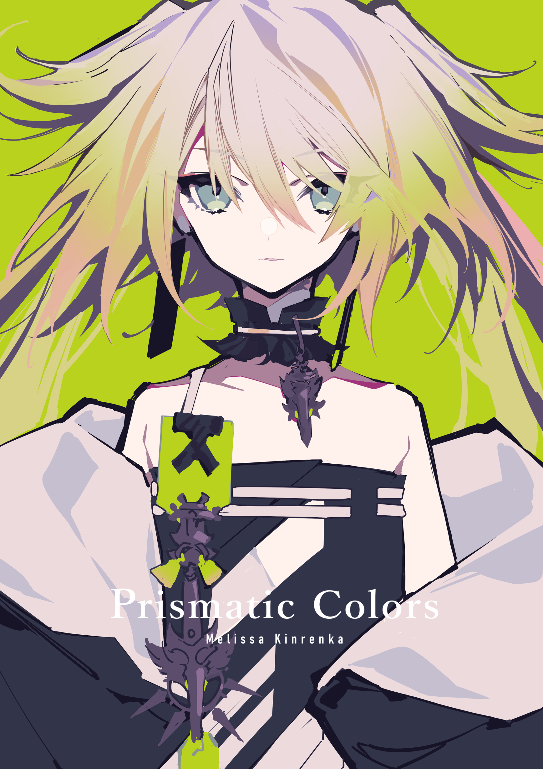 anime style illustration of a young girl with long, flowing hair that transitions from pale lilac at the roots to light yellow at the tips. she has fair skin and piercing green eyes. she's wearing a dark, intricately designed dress with ruffled collar and multiple layers, adorned with ornamental accessories. the backdrop is a vivid lime green color. text reading "prismatic colors" and "melissa kinrenka" is displayed at the bottom.