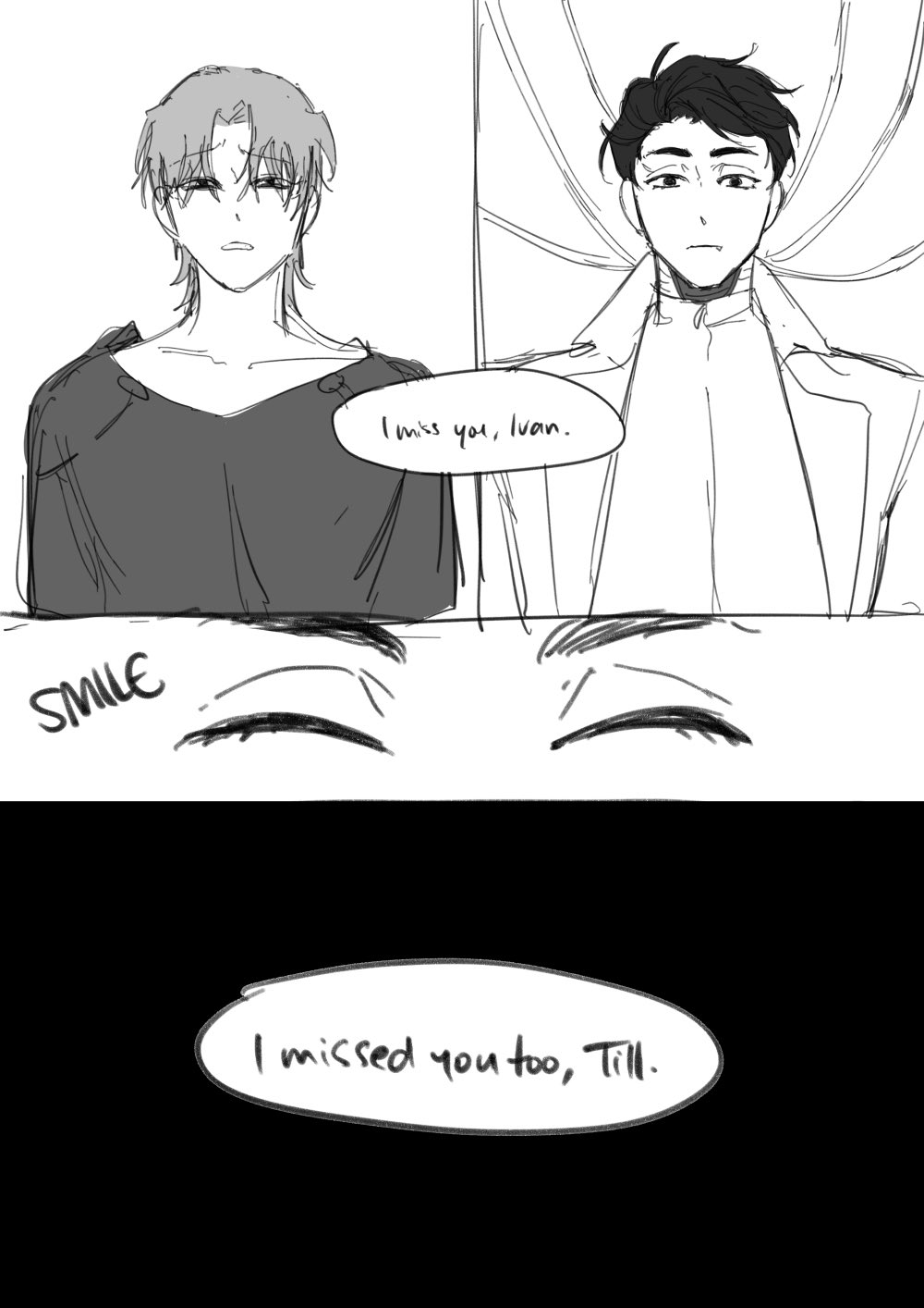 a black and white manga illustration of two young men, one with short brown hair and a black shirt, and the other with short black hair and a white shirt. the man on the left is saying "i miss you, ivan", and the man on the right is responding with "i missed you too, till". they are smiling at each other. the speech bubbles are above them, in the middle of the page.  there are two rows of eyes below the men, and the words "smile" are in the upper left of the page. the image is set in a simple, mangastyle background.