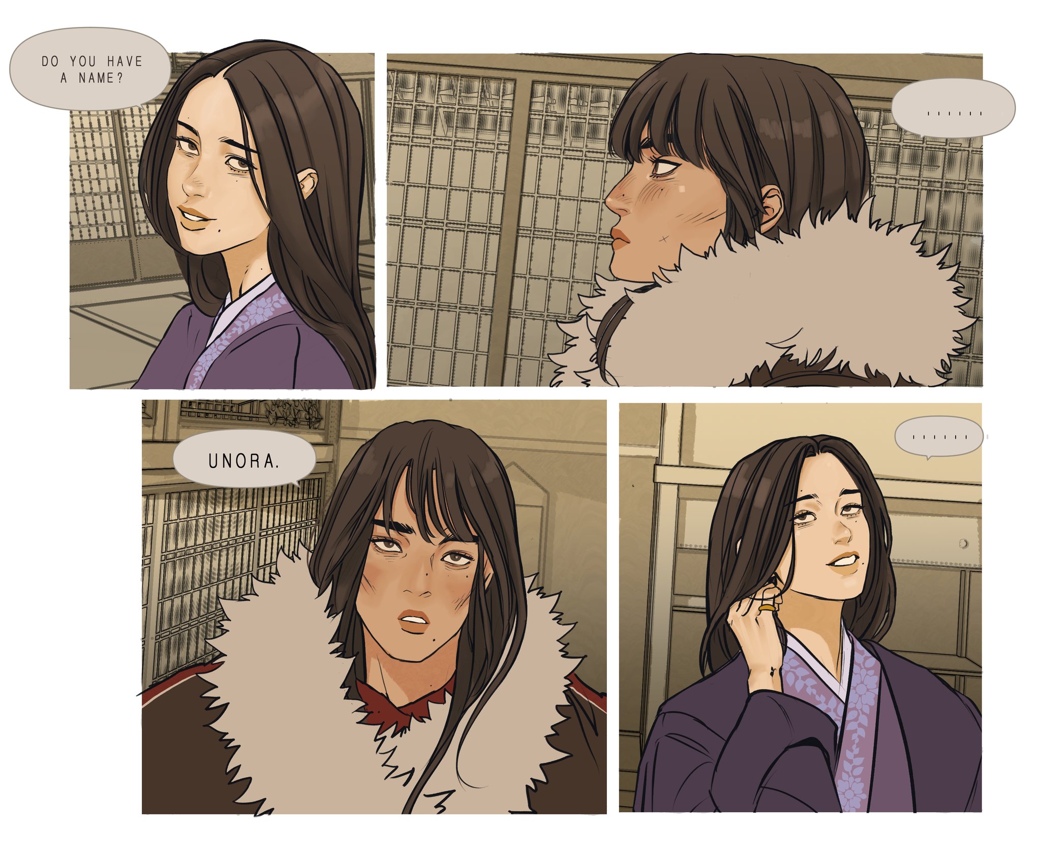 the image is a comic panel featuring a woman named unora. the panel is divided into four sections. in the first section, a woman with long brown hair, fair skin, and wearing a purple robe asks, "do you have a name?". the second section shows unora with short brown hair and a fur collar. the third section shows unora saying "unora". the fourth section shows the woman from the first panel with long hair and a purple robe.
