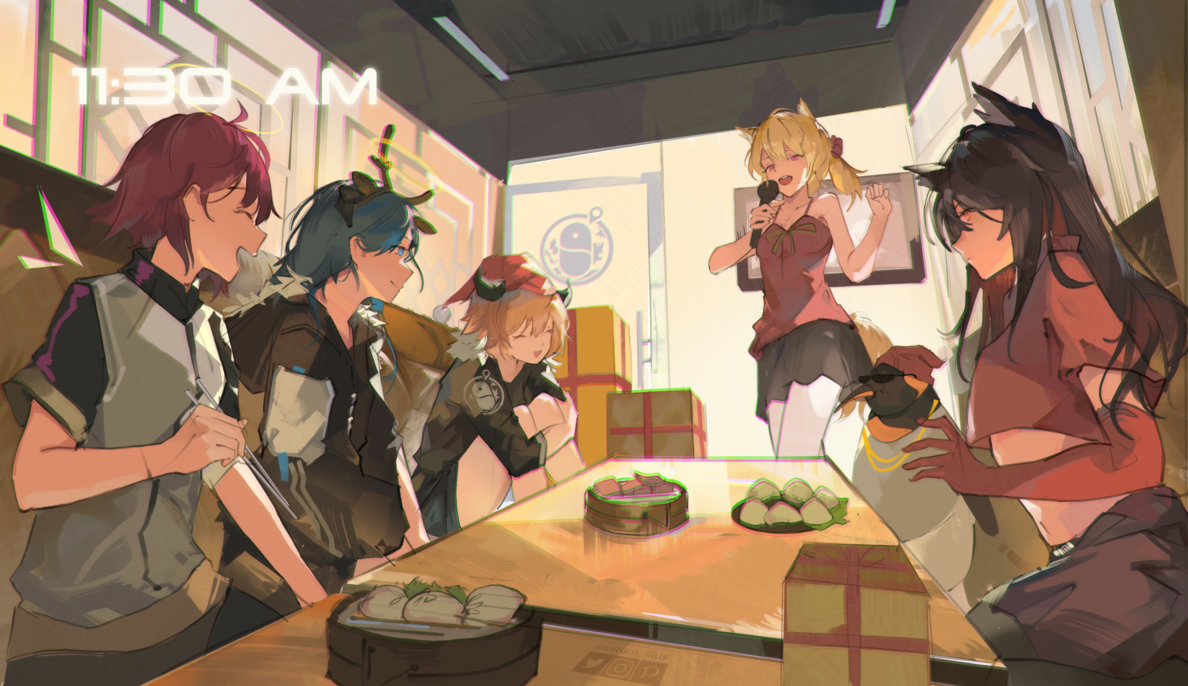 he illustration depicts a group of animestyle girls enjoying a meal together in a restaurant.  it has a cozy atmosphere. several are wearing holidaythemed accessories, like deer antlers and a santa hat. one girl is singing into a microphone, suggesting a karaoke session is taking place. the food appears to be dim sum. the style is vibrant and stylized, typical of digital fan art. the overall feel is warm, lighthearted, and celebratory. the scene strongly suggests a gathering of close friends.  the time displayed suggests it is midday.