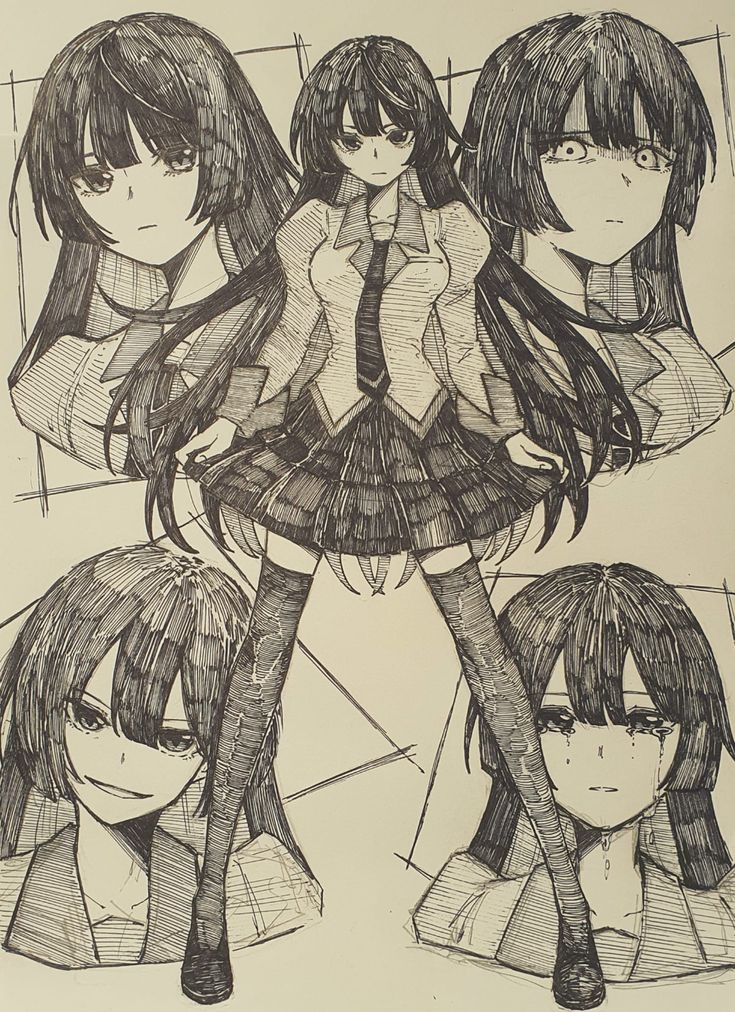 the image is a black and white pen drawing of a girl in a school uniform. the girl is drawn in different positions and expressions, including happy, sad, surprised, and scared.  the girl is shown from the waist up, and her hair is long and black. the background is a simple white background. the drawing is a rough sketch, with many visible lines and shading. the overall tone of the image is dark and mysterious.