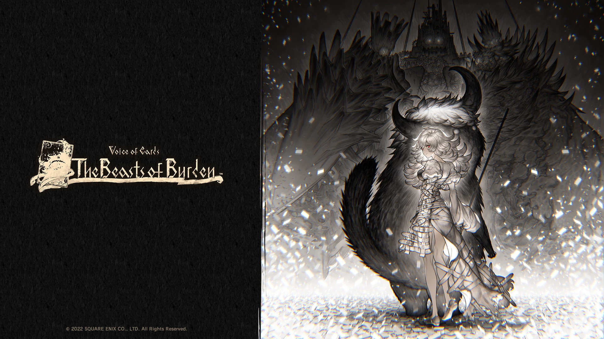 the image promotes the video game "voice of cards: the beasts of burden" and features a young woman standing in the snow in front of a large, furry creature with horns. the woman is holding a staff and is dressed in lightcolored clothing. the background features a castle silhouetted against a dark sky.