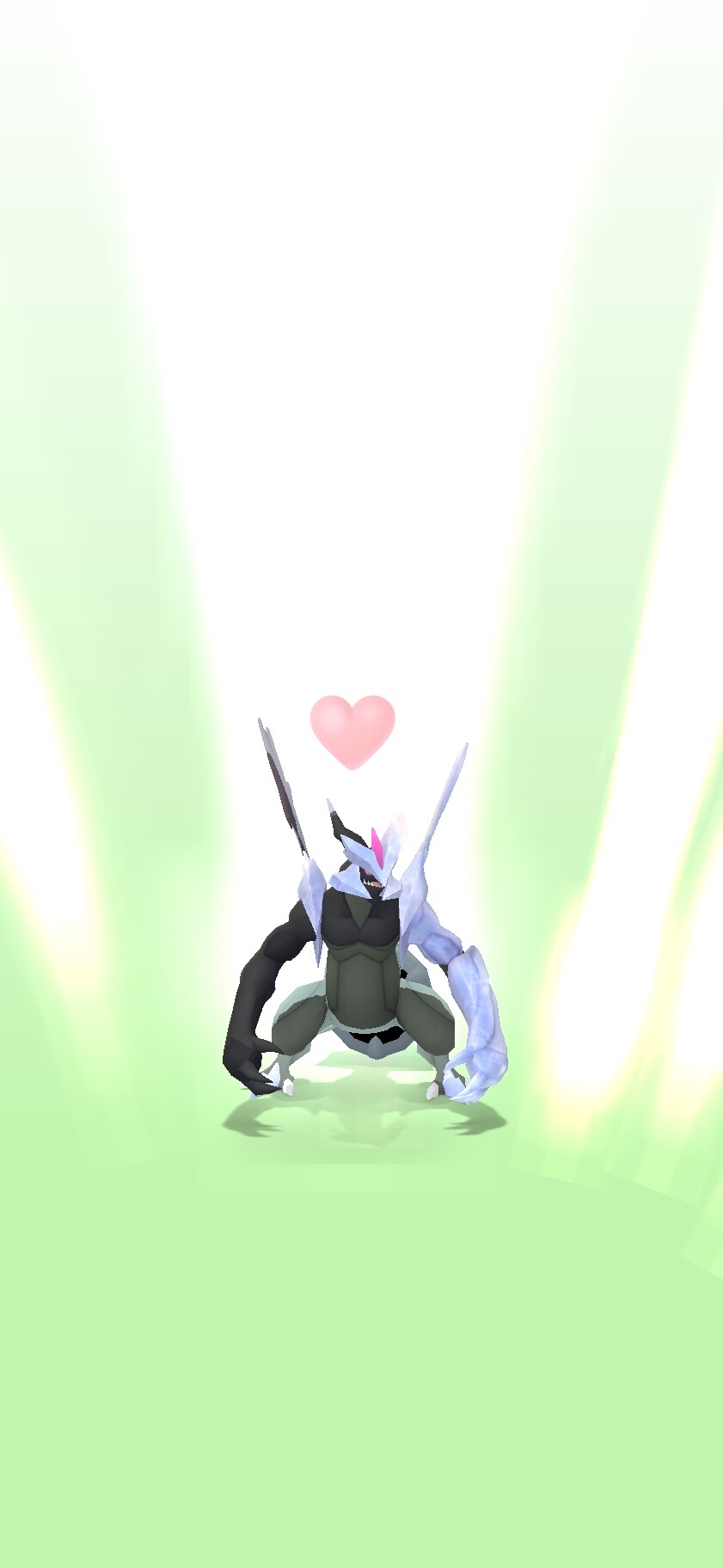 an image of a guzzlord pokémon with a pink heart floating above it. the background is light green with some vertical white light streaks. the guzzlord has a half black and half blueish white arm.