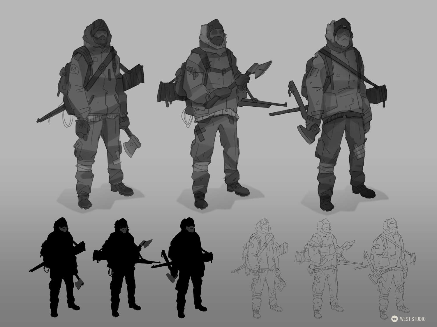 the image presents a character design sheet for a video game or animation project. it showcases a male character bundled in winter gear, possibly a soldier or survivor in a postapocalyptic setting. he is armed with a rifle and an axe and carries a backpack filled with supplies. the sheet includes three variations of the character's pose and design, along with their respective silhouettes and line art versions. the overall color scheme is grayscale, emphasizing the harsh and cold environment the character inhabits.