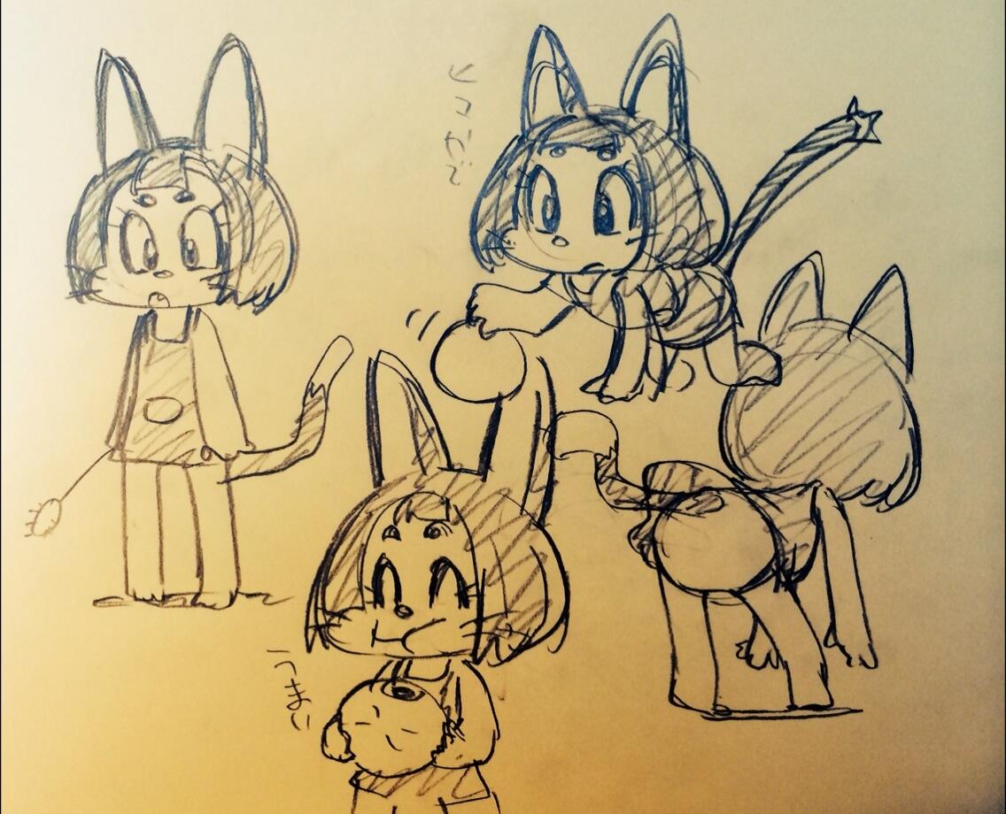 the image shows four sketches of a catgirl character in various poses.  she's drawn in a cute, playful, cartoon style with large eyes, cat ears, and a tail.  she appears to be holding a toy in two of the drawings. the sketches seem to be exploring different expressions and body language for the character.
