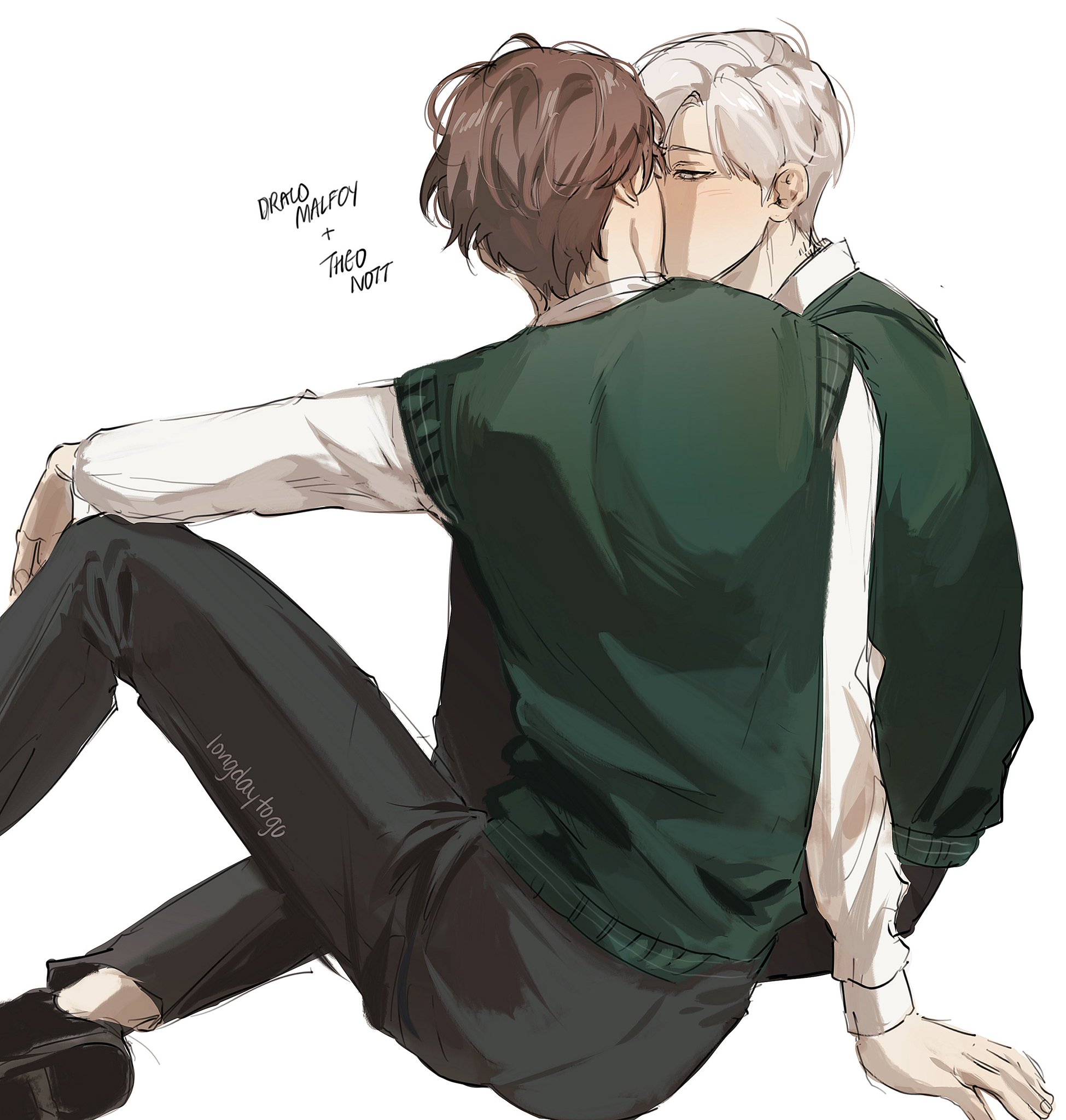 the image is a digital fanart depicting a romantic scene between draco malfoy and theo nott, characters from the harry potter universe. they are shown in a close embrace, kissing.  draco, with brown hair, is sitting with his arm around theo, whose hair is white or light gray. both are wearing dark green sweater vests over white shirts and dark trousers, suggestive of a school uniform, possibly from hogwarts. the art style is reminiscent of manga or webtoon illustrations, with soft shading and a focus on emotional expression. the overall mood is romantic and intimate. the artist's signature or watermark is visible on the image.