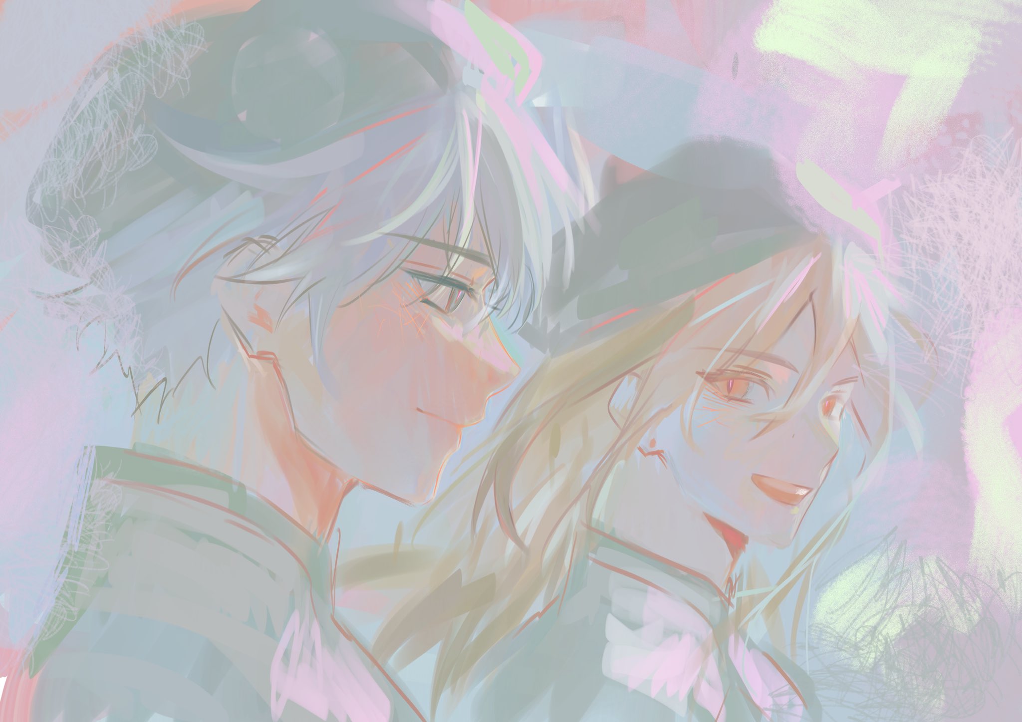 this is a digital illustration of a couple drawn in anime style. the man is wearing a hat and has silver hair, while the woman has long blonde hair. they are drawn in a pastel color scheme and are looking at each other. the image has a soft and romantic vibe.