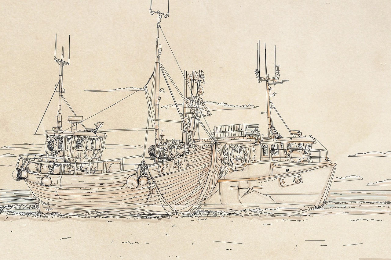 the image is a sketch of two fishing boats sitting next to each other in the water. the boat on the left has "f 43" written on it and the boat on the right has "h 40" written on it. both boats have masts with antennas. there are lines indicating the water and the sky.