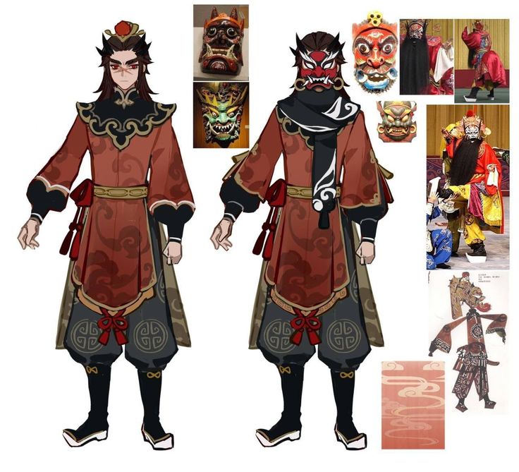this is a digital illustration of two character designs in different poses. both characters are wearing similar traditional chinese clothing and masks. one character's mask is red, black, and white and covers their face, while the other character's mask is red, black, and white and shows their eyes and mouth. the character on the left is wearing a red robe with gold trim and gold embroidery, while the character on the right is wearing a red robe with black trim and black embroidery. the character on the left is also wearing black boots, while the character on the right is wearing black shoes with white soles. both characters are holding a red tassel in their left hand. in the background, there are images of different chinese masks and a traditional chinese background.