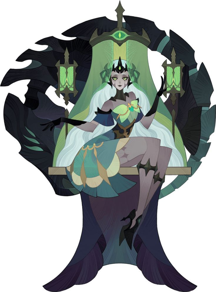 a paleskinned woman with long white hair, pointed ears, and green eyes sits upon an ornate throne. she wears a green and gold gown with a dramatic high collar and long flowing sleeves. her expression is severe, with dark lipstick accenting her sharp features. the throne is black and green, with skeletal elements, echoing the woman's dark beauty. behind her, two lanterns with green flames cast dramatic shadows.  the overall impression is of a powerful and potentially dangerous female figure.