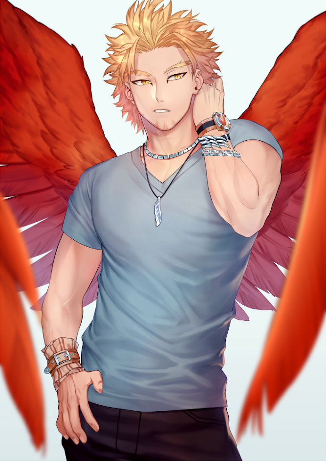 a digital art illustration of a male anime character with blonde hair and red feathered wings. he is wearing a blue shirt and has a serious expression on his face. he is wearing jewelry like a necklace and bracelets. he has a watch on his wrist.