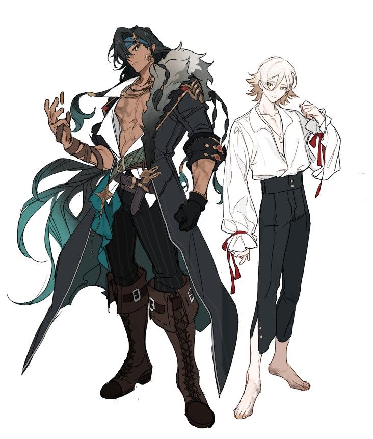 the image is a digital illustration showcasing two male characters in distinct styles.  the character on the left is a muscular, possibly piratelike figure with long teal hair, wearing a dark coat over a more revealing outfit including a waistcoat and boots. his expression is serious. he has a sword visible at his waist. the character on the right is more slender, with short, white hair and is dressed in loose, elegant white shirt and dark trousers, appearing barefoot. his expression is calmer.  the art style is reminiscent of anime or manga, with a focus on linework and shading. the background is plain white, allowing the characters to stand out prominently.