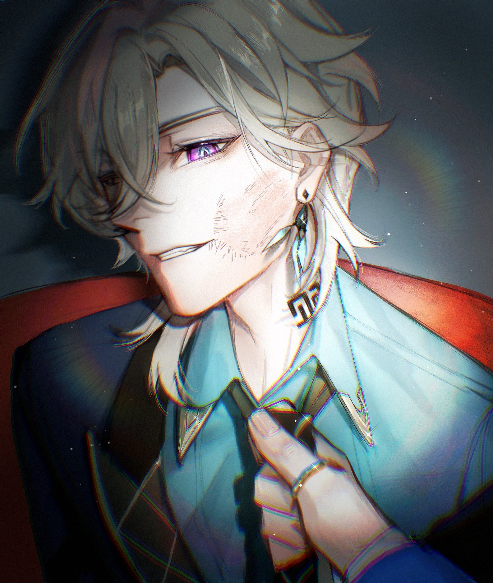 the image is a stylized digital painting or illustration of a young animestyle male character. he has long, white hair, striking purple eyes, and noticeable scars or scratches on his face. he's dressed in a dark suit over a teal shirt and is wearing earrings and a necklace. his expression is somewhat ambiguous, a hint of a smirk. another hand is visible, adjusting his tie, adding a layer of intrigue and suggesting a narrative. the overall style is elegant yet edgy, with a focus on detail and atmospheric lighting. the background is dark and blurry, drawing attention to the character.