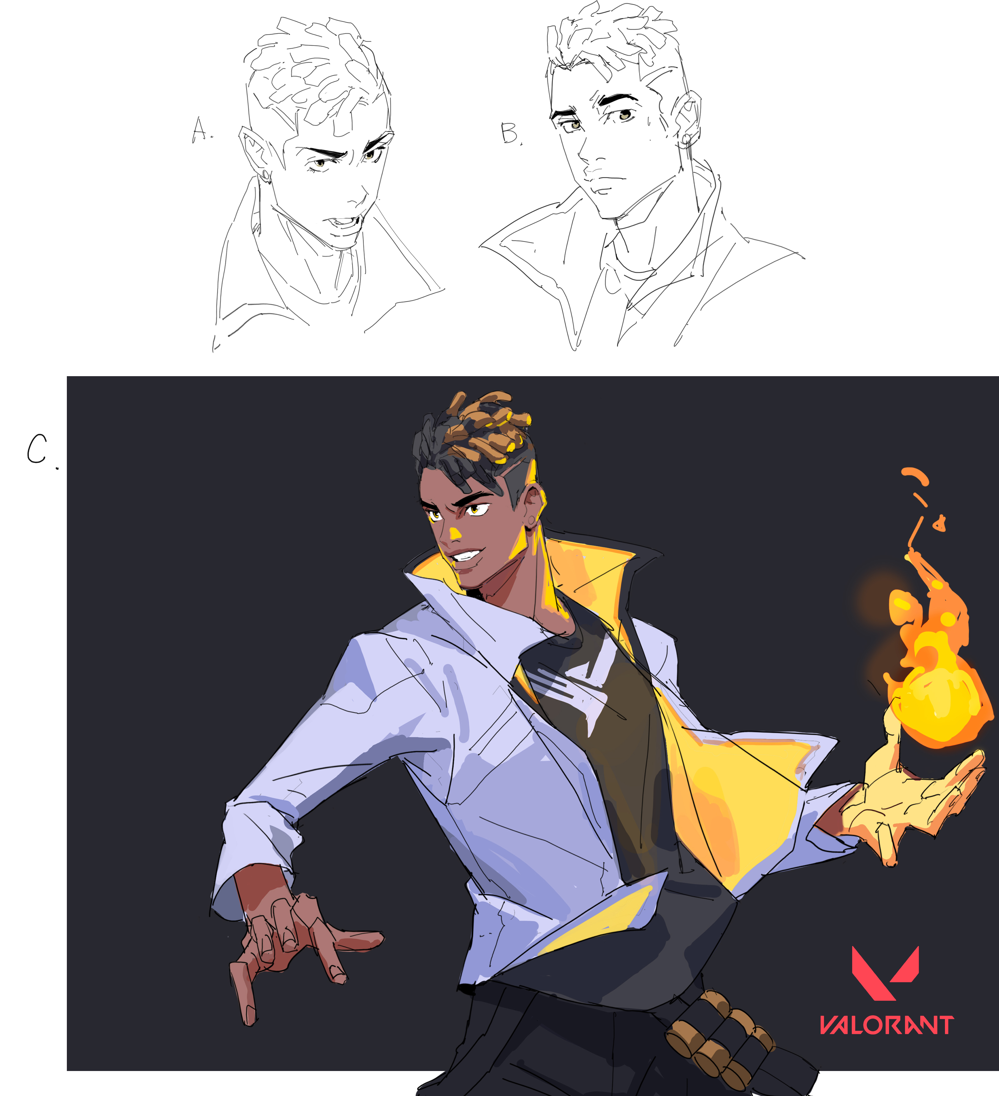 the image shows the development process of a valorant character design.  the top section presents two initial sketches (a and b) in line art, exploring different facial features and hairstyles. these sketches are rough and focused on capturing the overall look.  the bottom section (c) displays the finalized, fully colored and rendered character design. the character is a darkskinned male with dreadlocks, wearing a light purple and yellow jacket, and appears to be wielding or manipulating a flame. the valorant logo is visible in the bottom right corner, confirming the character's association with the game. the image illustrates a clear progression from initial sketching to a polished final piece, demonstrating the steps involved in character creation within a digital art context.