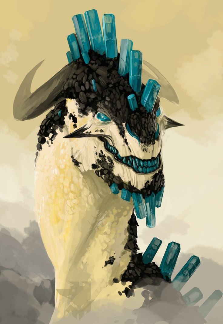an illustration of a dragonlike creature with large blue crystals growing from its head, neck, and chin. the dragon has black scales on its head and neck, white skin on its face and neck, and horns that curve backward. it has blue eyes and a set of sharp teeth with blue highlights. the background is a soft, hazy yellow.