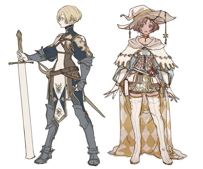 the image shows two female character designs, likely concept art for a video game or similar fantasy project.  on the left is a knight or warrior type character, wearing armor and wielding a large sword. she has short blonde hair and is depicted in a threequarter view.  on the right is a mage or witch character, wearing a long robe and pointed hat, with a more delicate and less armored design. she has shorter brown hair and is shown from the front. both characters are drawn in a style reminiscent of anime or manga, using light colors and fine linework. the overall style suggests a medieval or fantasy setting.