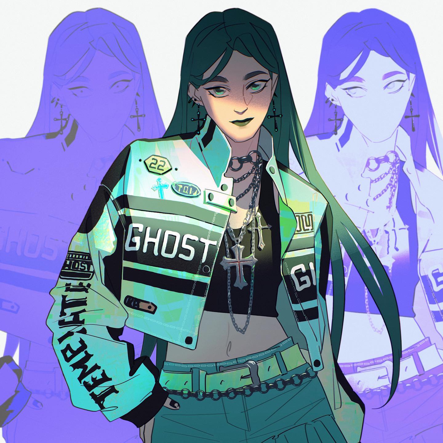 the image is a stylized digital illustration of a young woman with long, vibrant green hair. she is dressed in a teal cyberpunkinspired jacket with graphic detailing and black accents, paired with dark baggy pants and numerous silver chains and cross necklaces as accessories.  her makeup is dark and edgy, complementing her overall aesthetic. the background features semitransparent, ghostly versions of the same woman, suggesting a sense of multiplicity or reflection. the overall style is animeinfluenced, with sharp lines and vibrant color choices emphasizing a cool and fashionable character design.