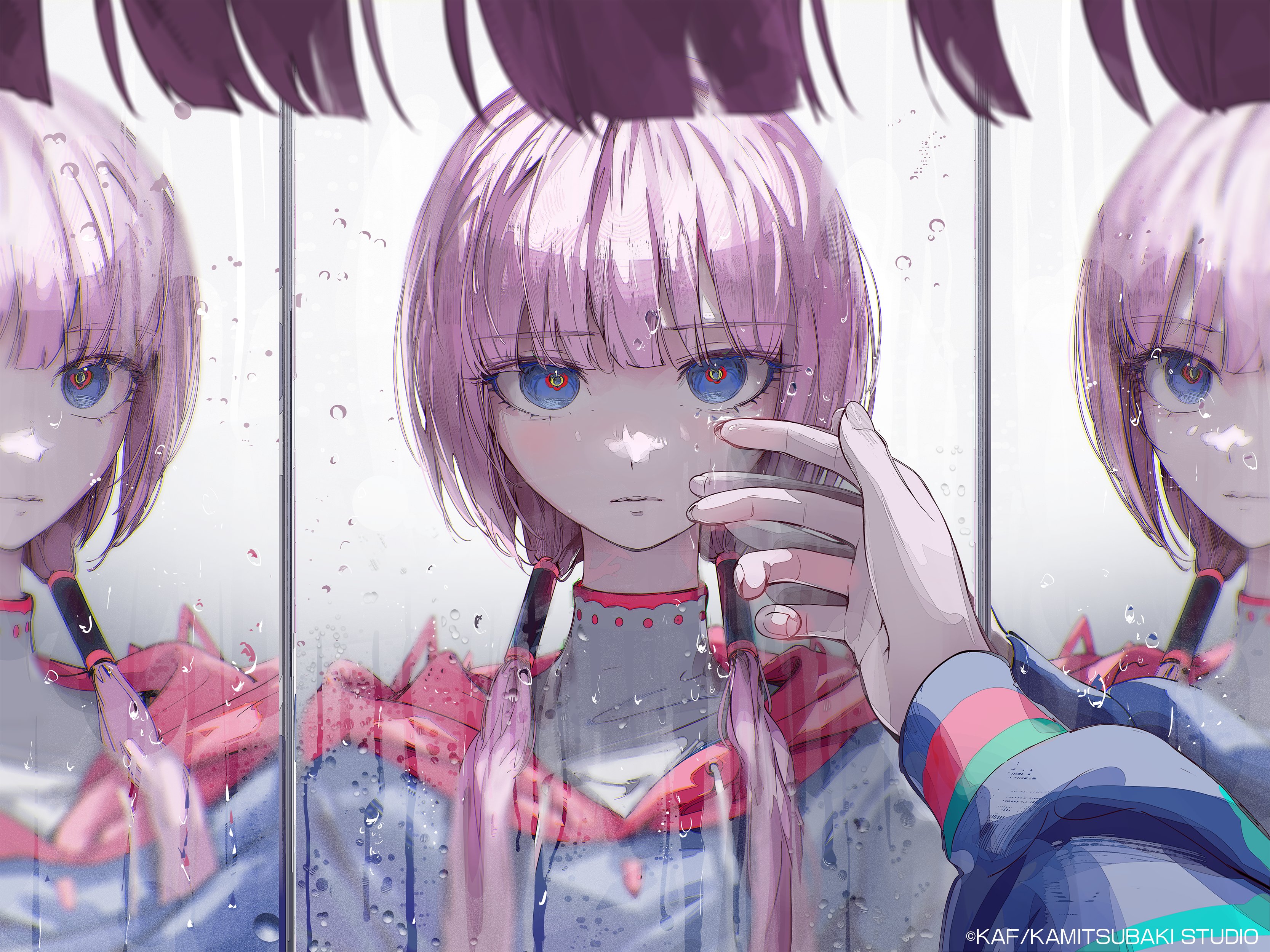 the image is of a digital illustration of an anime girl with pink hair and blue eyes. she is sad, and there are water droplets on the window in front of her. she is looking at her reflection in the window, and there is a hand reaching out to her from the other side.