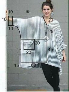 a woman stands against a brick wall, wearing a striped blouse. a diagram of measurements is overlaid on the image, showing dimensions such as 65, 20, 45, 60, 15, 10, and 18. the blouse features a vneck and loose fit.