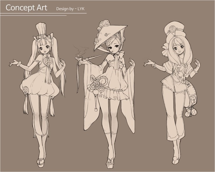 this image is a concept art piece of three anime characters in different outfits. the characters are drawn in a simple line art style. each character has a unique design. the character on the left has a simple kimono with long hair, and the one in the middle has a fan and a elaborate kimono. the character on the right is wearing a hat and a big bag.